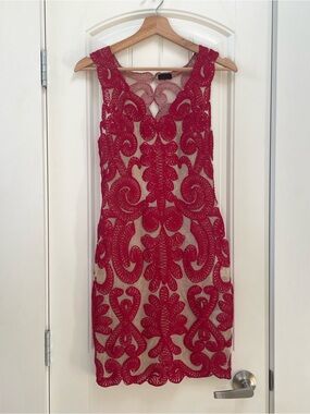 NBD Red Lace Appliqué Midi Sheath Dress